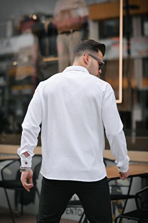 Fitilli Bowling Yaka Uzun Kollu Gömlek - Beyaz