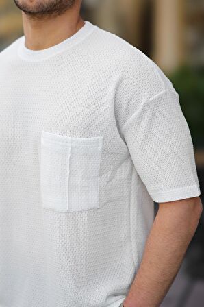 Cep Detaylı Oversize Örme T-shirt - Beyaz