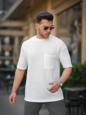 Cep Detaylı Oversize Örme T-shirt - Beyaz