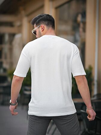 Cep Detaylı Oversize Örme T-shirt - Beyaz