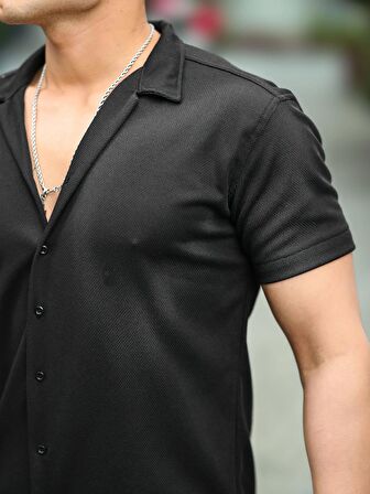 Dokulu Kısa Kol Fit Gömlek - Siyah
