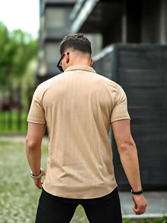 Çizgi Desenli Kısa Kol Fit Gömlek - Bej