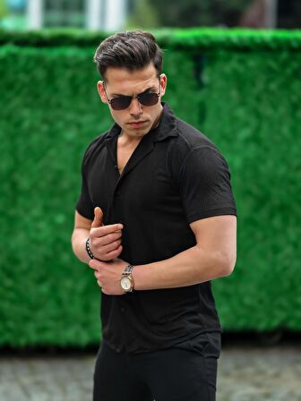 Çizgi Şeritli Kısa Kol Fit Gömlek - Siyah