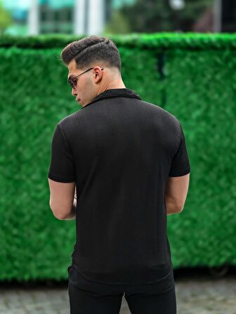 Çizgi Şeritli Kısa Kol Fit Gömlek - Siyah