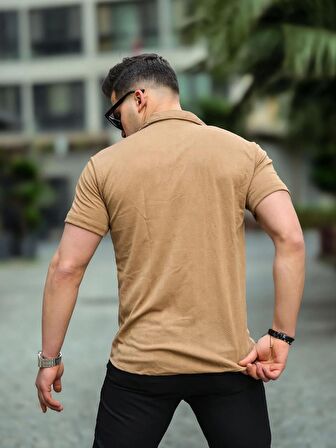 Jakarlı Örme Desenli Kısa Kol Fit Gömlek - Bej