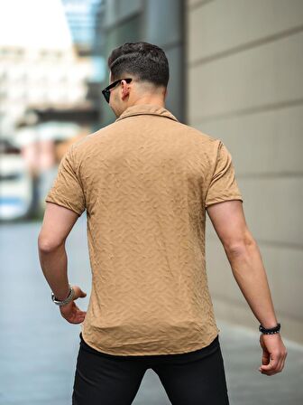 Jakarlı Çubuk Desenli Fit Gömlek - Bej