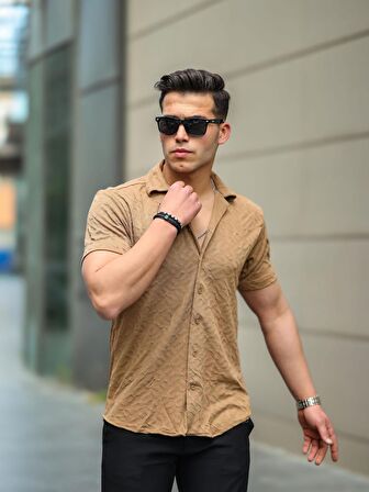 Jakarlı Çubuk Desenli Fit Gömlek - Bej
