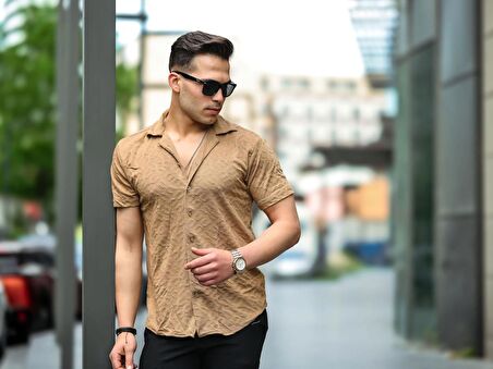 Jakarlı Çubuk Desenli Fit Gömlek - Bej