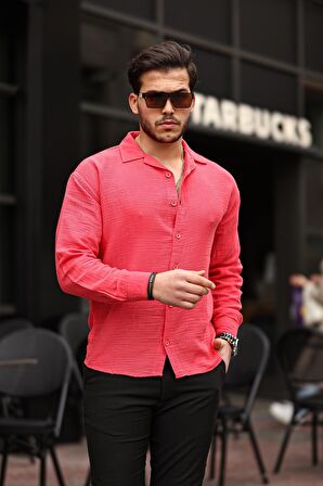 Apaş Yaka Oversize Müslin Kumaş Gömlek - Kırmızı