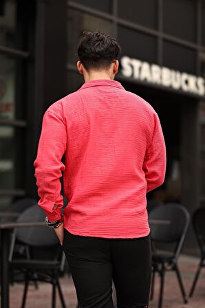 Apaş Yaka Oversize Müslin Kumaş Gömlek - Kırmızı