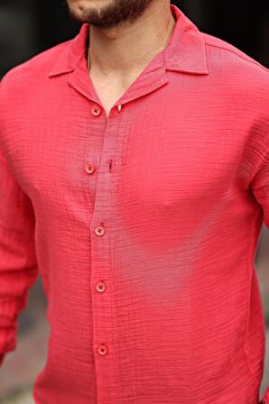 Apaş Yaka Oversize Müslin Kumaş Gömlek - Kırmızı