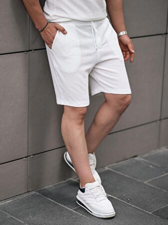 Gofret Desen Şort - Beyaz