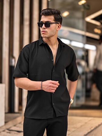 Oversize Fitilli Kısa Kol Gömlek - Siyah