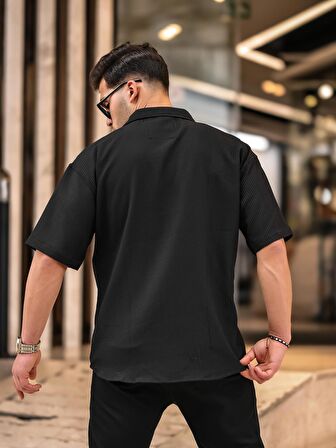 Oversize Fitilli Kısa Kol Gömlek - Siyah