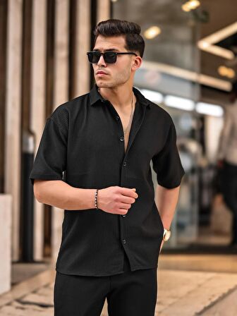 Oversize Fitilli Kısa Kol Gömlek - Siyah