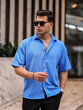 Oversize Fitilli Kısa Kol Gömlek - Mavi