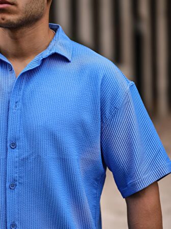 Oversize Fitilli Kısa Kol Gömlek - Mavi