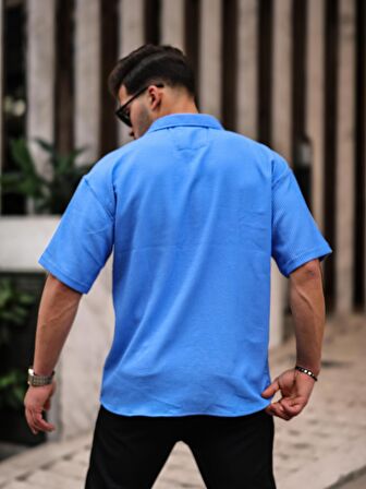 Oversize Fitilli Kısa Kol Gömlek - Mavi