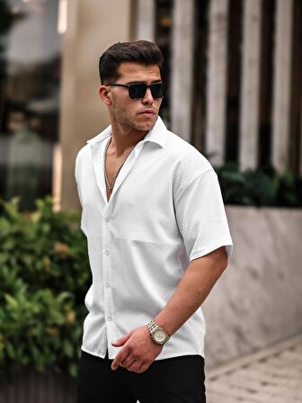 Oversize Fitilli Kısa Kol Gömlek - Beyaz