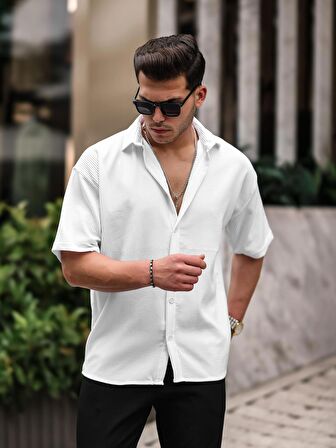 Oversize Fitilli Kısa Kol Gömlek - Beyaz