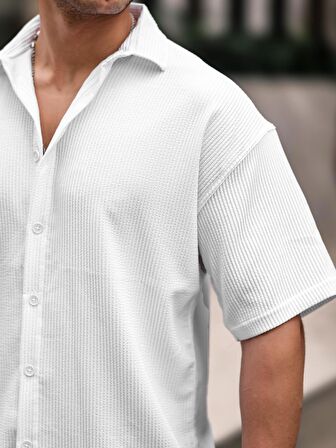 Oversize Fitilli Kısa Kol Gömlek - Beyaz