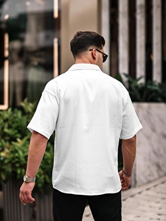 Oversize Fitilli Kısa Kol Gömlek - Beyaz