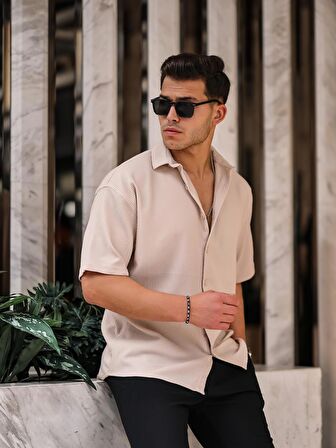 Oversize Fitilli Kısa Kol Gömlek - Bej