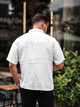 Oversize Müslin Kumaş Tek Cepli Gömlek- Beyaz