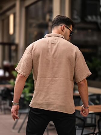 Oversize Müslin Kumaş Tek Cepli Gömlek- Bej