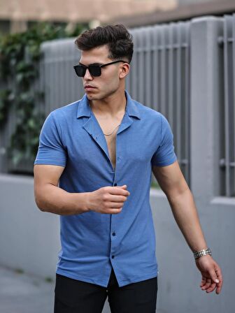 Premium Dokulu Kısa Kol Fit Gömlek -  Mavi