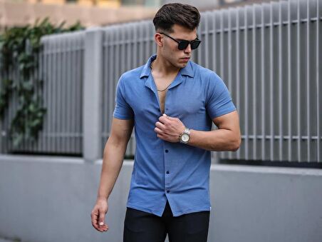 Premium Dokulu Kısa Kol Fit Gömlek -  Mavi