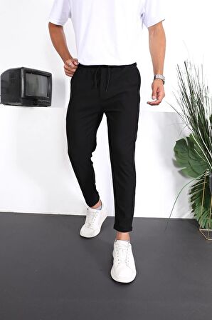 Premium Dokulu Duble Paça Fit Pantolon - Siyah
