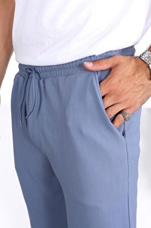 Premium Dokulu Duble Paça Fit Pantolon - Mavi