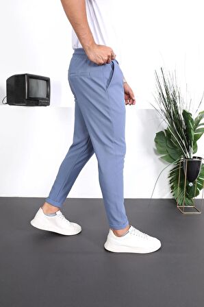 Premium Dokulu Duble Paça Fit Pantolon - Mavi