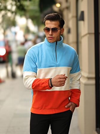 Parça Desen Yarım Fermuar Polar Sweatshirt Bebe Mavi/Ekru/Turuncu