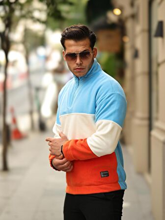 Parça Desen Yarım Fermuar Polar Sweatshirt Bebe Mavi/Ekru/Turuncu