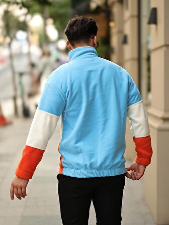 Parça Desen Yarım Fermuar Polar Sweatshirt Bebe Mavi/Ekru/Turuncu