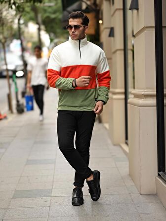 Parça Desen Yarım Fermuar Polar Sweatshirt - Ekru/Turuncu/Haki