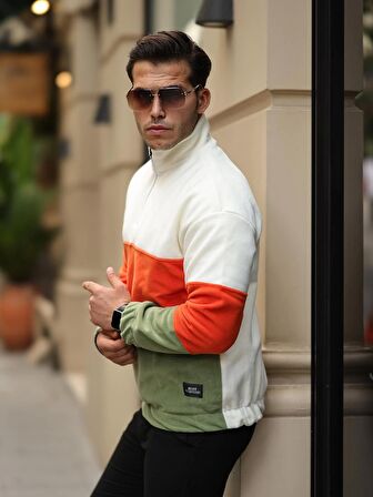Parça Desen Yarım Fermuar Polar Sweatshirt - Ekru/Turuncu/Haki
