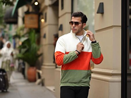Parça Desen Yarım Fermuar Polar Sweatshirt - Ekru/Turuncu/Haki