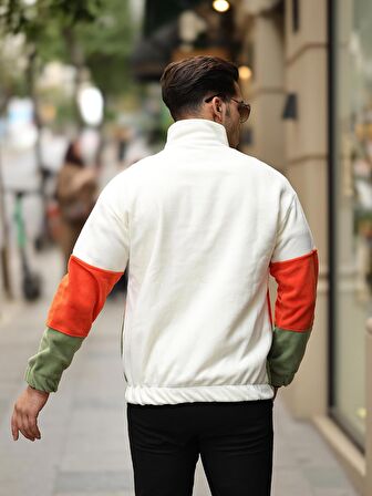 Parça Desen Yarım Fermuar Polar Sweatshirt - Ekru/Turuncu/Haki