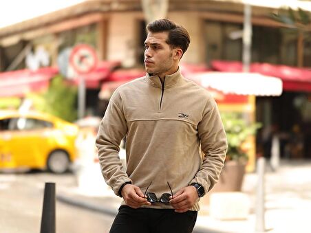 Premium Yarım Ferrmuar Polar Sweatshirt - Bej