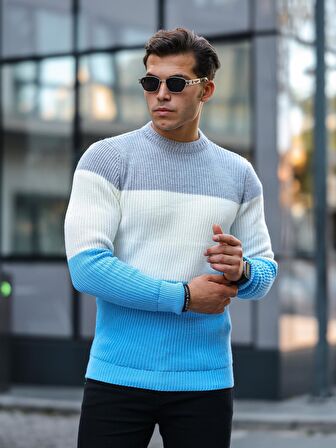 Parça Desen Bisiklet Yaka Kazak - Mavi