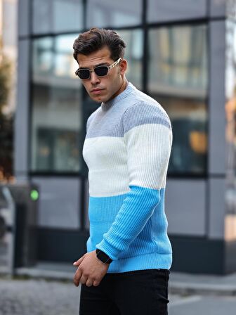 Parça Desen Bisiklet Yaka Kazak - Mavi