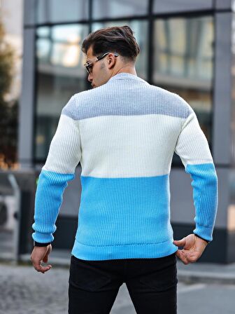 Parça Desen Bisiklet Yaka Kazak - Mavi