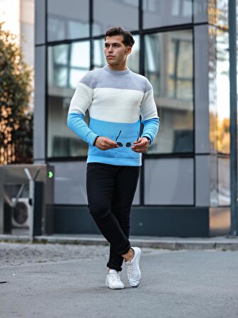 Parça Desen Bisiklet Yaka Kazak - Mavi