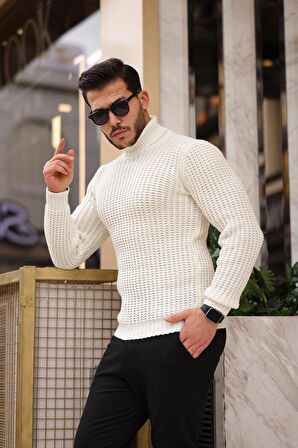 Nopenli Fitil Örgü Balıkçı Kazak -Beyaz