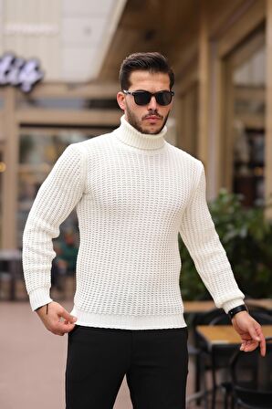 Nopenli Fitil Örgü Balıkçı Kazak -Beyaz