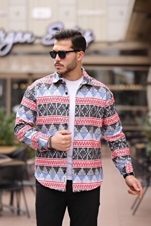 Etnik Desen Vintage Oduncu Gömlek - Kırmızı/Mavi