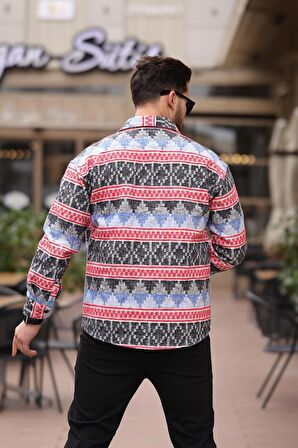Etnik Desen Vintage Oduncu Gömlek - Kırmızı/Mavi